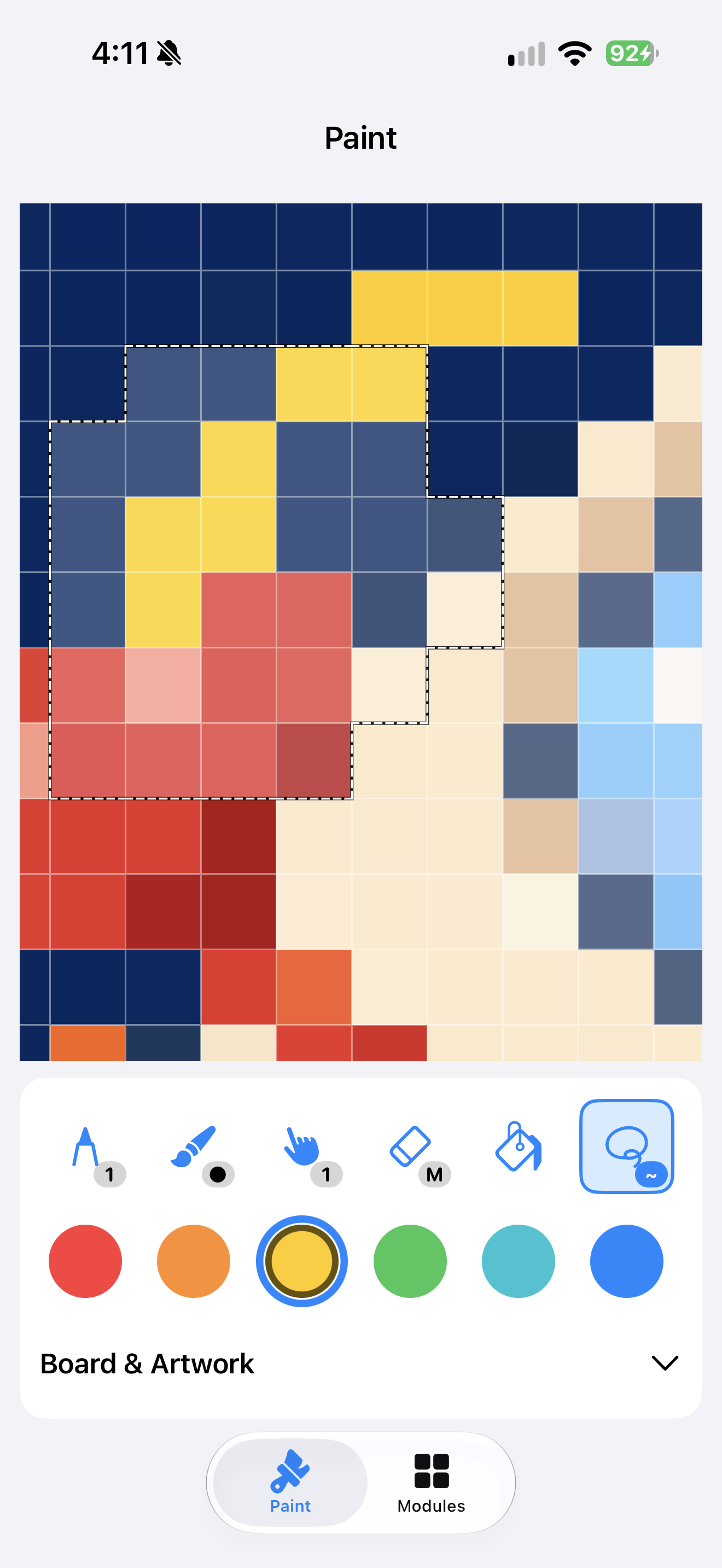 Zoomed-in rocket artwork with a lasso selection