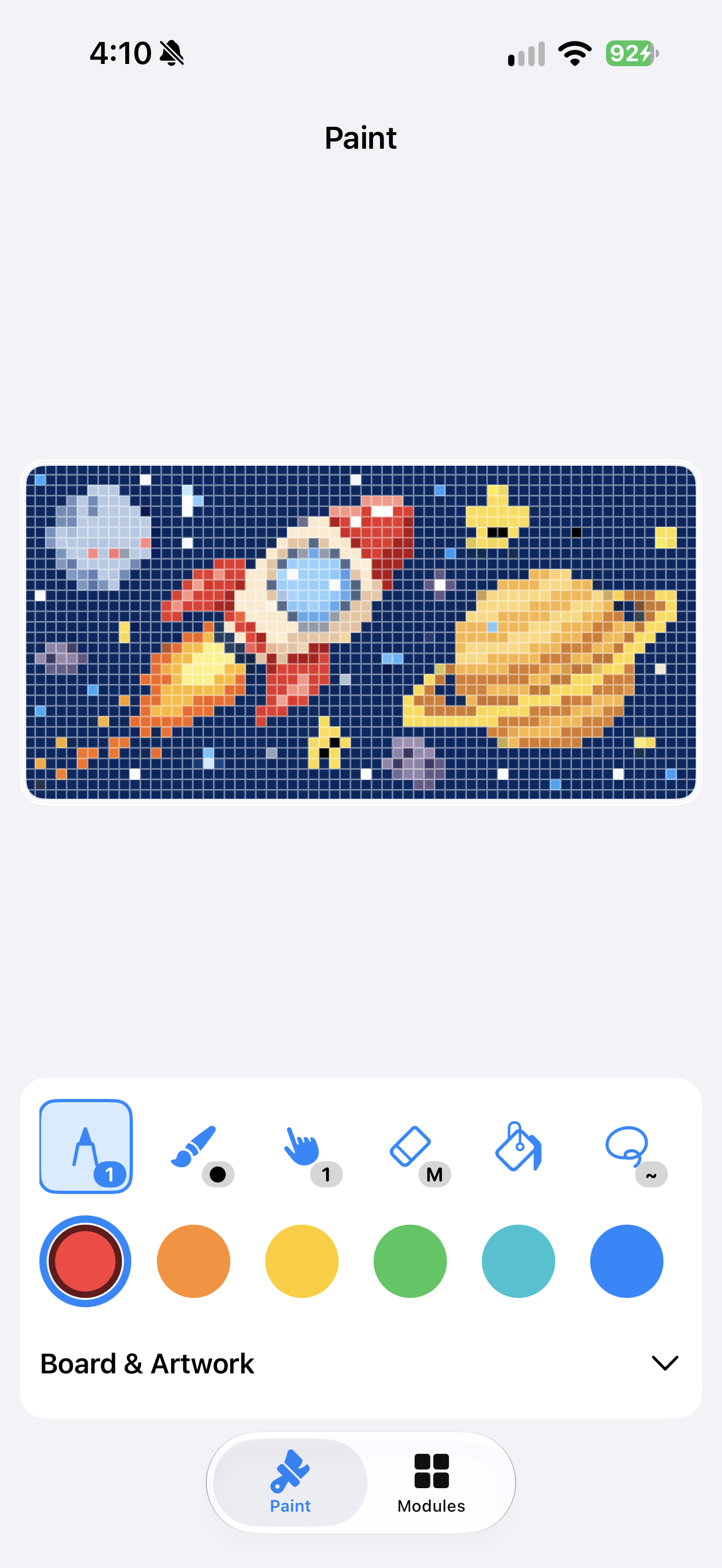 PixelPop Companion Paint with a rocket and planets, drawing tools, and a color palette