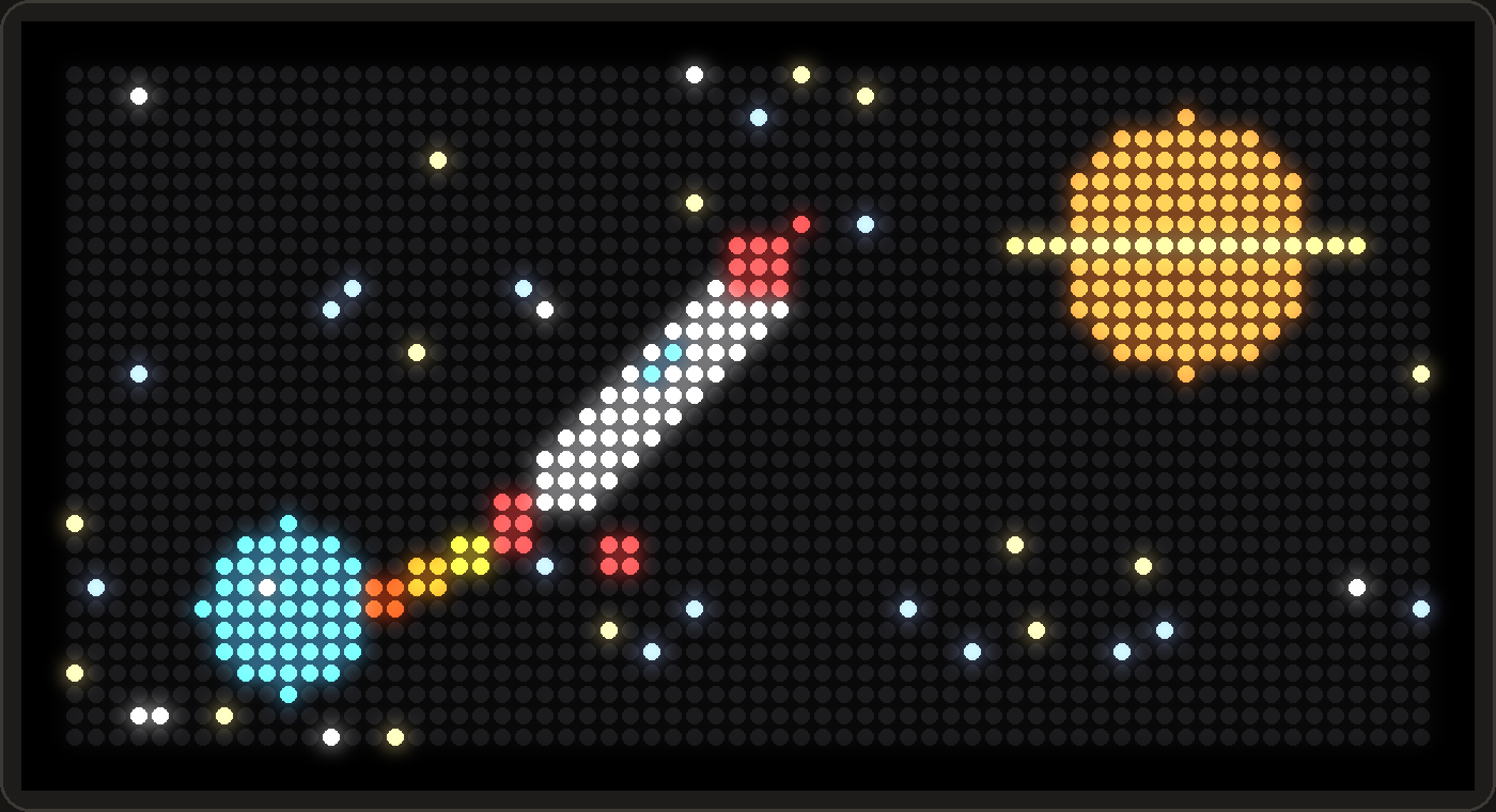 The same rocket artwork glowing on the PixelPop LED panel