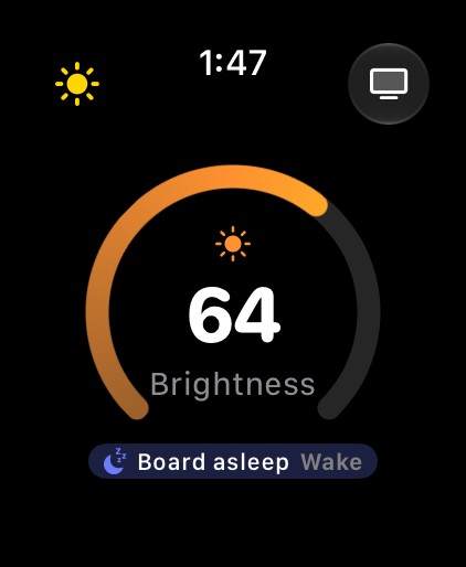 The Brightness gauge with a small Board asleep, Wake pill in the gap at the bottom of the ring