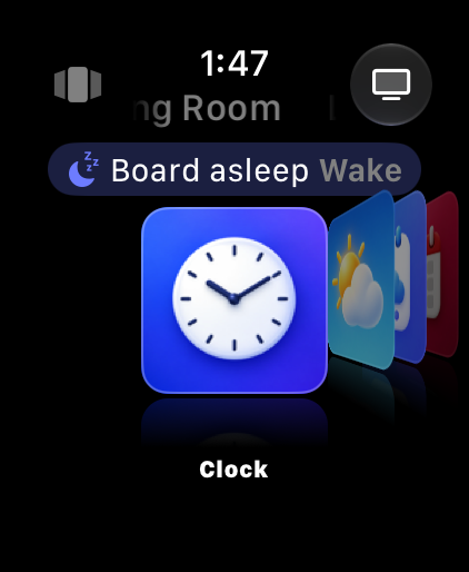 Cover Flow with a purple Board asleep, Wake pill above the cards