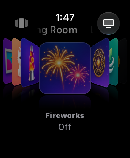 Fireworks in the center, dimmed, with the word Off under its name