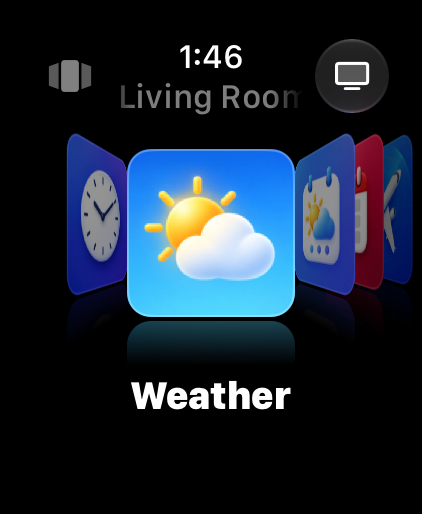 Cover Flow with Weather in the center. Clock is on the left; Forecast, Calendar, and Flights are stacked on the right. The board name, Living Room, is at the top.