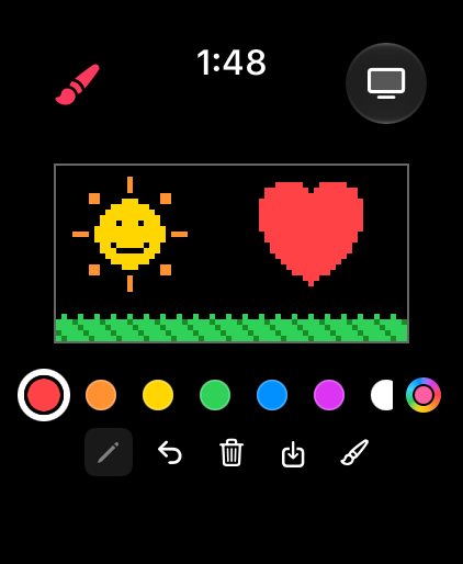 Watch Paint: a drawing of a smiling sun, a red heart, and green grass. Below it, the palette with red selected, then the tool row: Pencil, Undo, Clear, Save, and Draw.