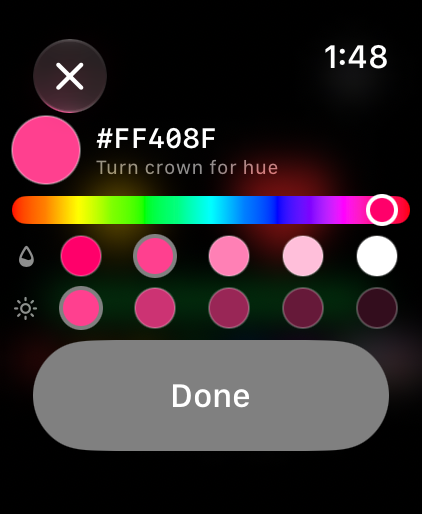 The custom color picker: a pink swatch labeled #FF408F, Turn crown for hue, a rainbow hue bar, saturation and brightness chips, and a Done button