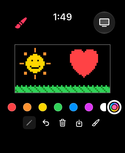 Paint with a custom pink color selected: the rainbow chip at the end of the palette has the white ring