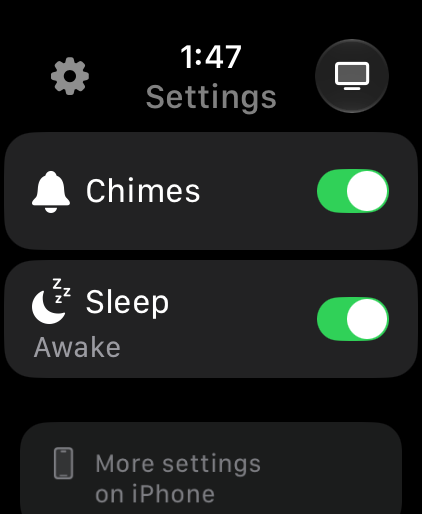 Settings: Chimes on; Sleep, with a moon icon, switched on, and the caption Awake